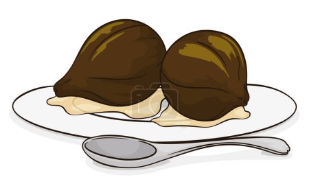 Ilustración de Deliciosos higos también llamados breve- postre servido en un plato, cubierto con almíbar y una cuchara metálica. Diseño aislado sobre fondo blanco. - Imagen libre de derechos
