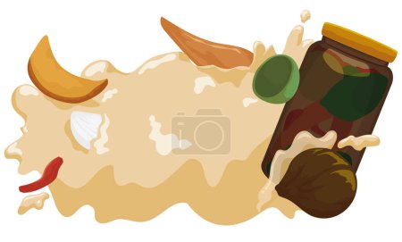 Ilustración de Tarro 'Desamargado' con deliciosas salpicaduras de jarabe y conservas: higo empapado, calabaza, pimiento, cáscaras de naranja, limón y limón. - Imagen libre de derechos