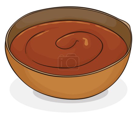 Illustration for Delicious and creamy blancmange -or manjar blanco-, served in a traditional wooden bowl. Design in cartoon style. - Royalty Free Image