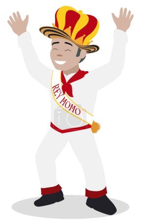 Téléchargez les illustrations : Festive King Momo -or Rey Momo in Spanish- character from Carnival of Barranquilla with white clothes, sash, raised hands and hat mixed with crown. - en licence libre de droit