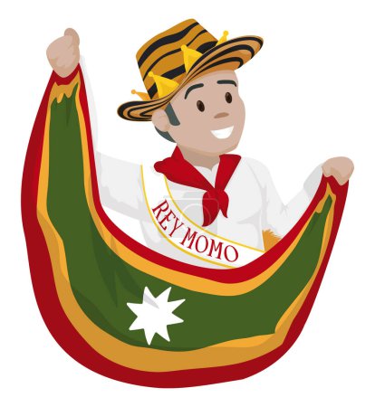 Téléchargez les illustrations : Happy Momo King wearing white clothes, sash and sombrero vueltiao, while hold the Barranquilla's flag. - en licence libre de droit