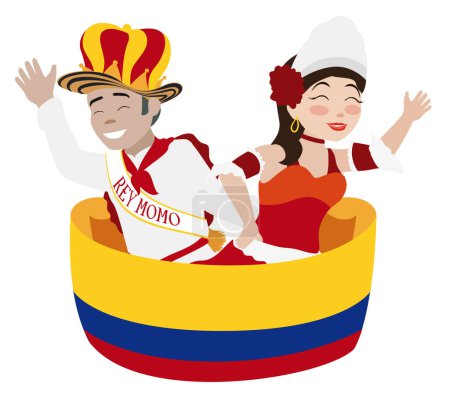Téléchargez les illustrations : Festive Momo King and Barranquilla's Carnival Queen saluting at you, wrapped with Colombian flag. - en licence libre de droit