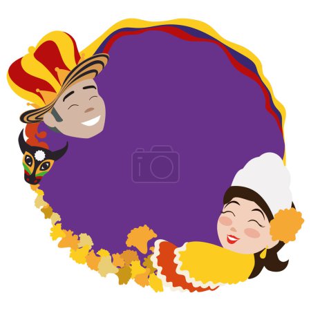 Téléchargez les illustrations : Purple round button decorated with petals, torito mask, Colombian flag and the smiling faces of Momo King and Barranquilla's Carnival Queen in flat style. - en licence libre de droit