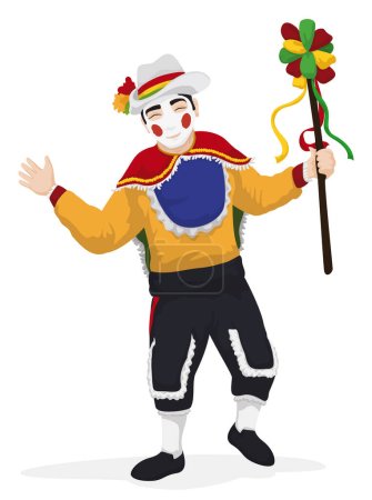 Illustration pour Garabato dancer with traditional costume for Barranquilla's Carnival: wand with hung ribbons, sunglasses, hat with ribbons and cayenne flower, yellow shirt, front bib, black trousers and cape. - image libre de droit