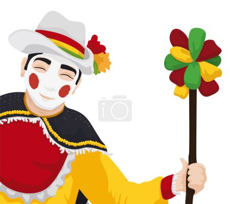 Ilustración de Smiling Garabato character holding a wand with colorful and hung ribbons while enjoys the Barranquilla's Carnival. - Imagen libre de derechos