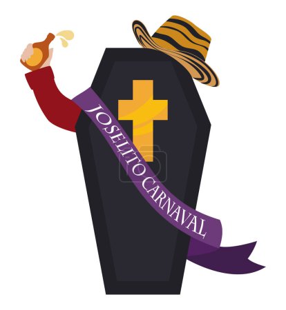 Téléchargez les illustrations : Funny representation of Joselito's death with coffin, purple ribbon, hat and arm with bottle making a cheer celebrating the end of Barranquilla's Carnival. - en licence libre de droit