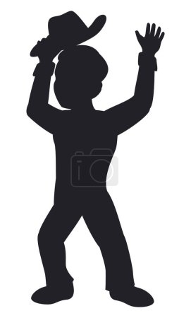 Téléchargez les illustrations : Dark silhouette of man with raised hands and holding him hat, isolated over white background. - en licence libre de droit