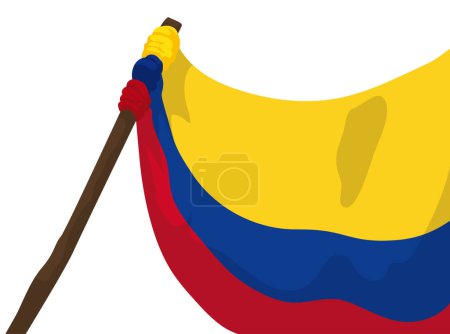 Téléchargez les illustrations : Drapeau en bois avec drapeau tricolore colombien. Design isolé dans le style de dessin animé. - en licence libre de droit