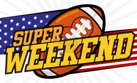Illustration for American labels with stars and stripes and gridiron football ball, promoting the Super Weekend. - Royalty Free Image