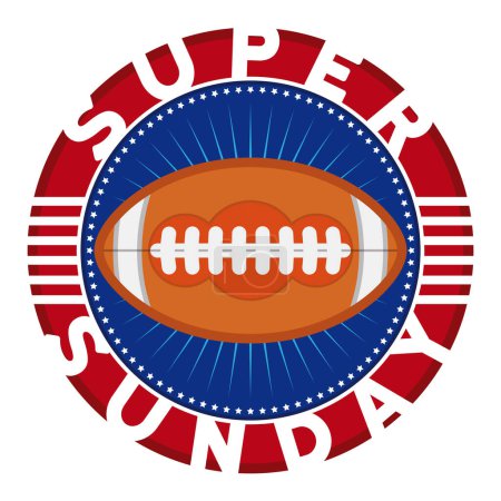 Illustration for Round button decorated with American colors, stars and stripes and gridiron football ball in flat style, promoting Super Sunday. - Royalty Free Image