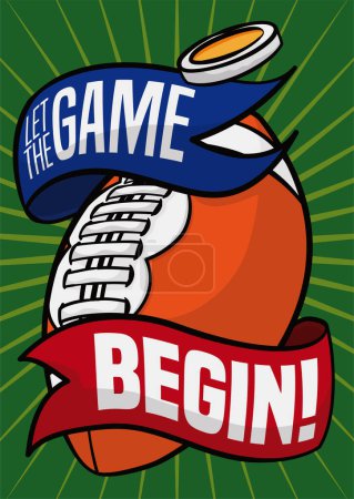 Ilustración de Tossed coin to start the American Big Game and a football ball wrapped with ribbons. - Imagen libre de derechos