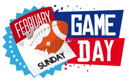 Illustration for Gridiron football ball going through a calendar with rough sign, promoting the super Game Day, the second Sunday of February. - Royalty Free Image