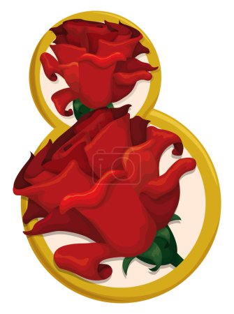 Illustration for Reminder commemorating the date of Women's Day in March: number eight with golden border decorated with red roses in cartoon style. - Royalty Free Image
