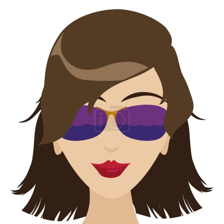 Porträt einer hübschen brünetten Frau mit roten Lippen und Sonnenbrille. Design im flachen Stil über weißem Hintergrund.
