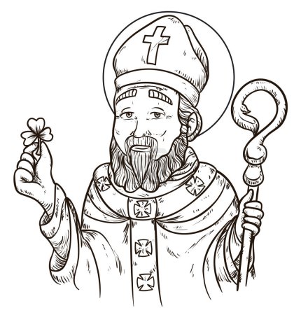 Illustration for Design in hand drawn style of St. Patrick with shamrock in one hand, a crosier in the other, bishop's clothes and sacred halo. - Royalty Free Image