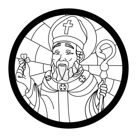 Téléchargez les illustrations : Portrait de saint Patrick en cercle comme un vitrail. Illustration dans les contours pour la coloration. - en licence libre de droit