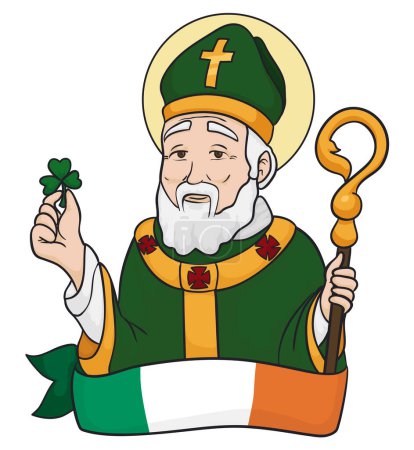 Illustration for Ireland flag with the figure of Saint Patrick with shamrock, crosier, religious tunic and mitre. Design in cartoon style with outlines. - Royalty Free Image