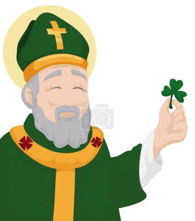 Téléchargez les illustrations : Saint Patrick souriant avec halo, tunique verte et mitre, enseignant avec un trèfle. - en licence libre de droit