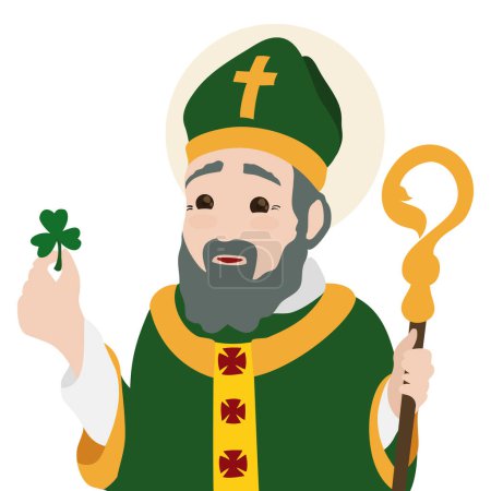 Téléchargez les illustrations : Design de style plat du portrait de Saint Patrick avec trèfle et crosier. - en licence libre de droit