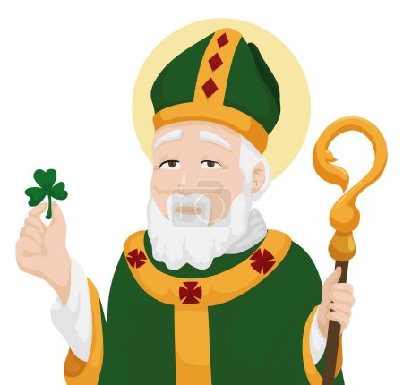Illustration for Portrait of Saint Patrick with his bishop's robes and holding a shamrock. Illustration in cartoon style over white background. - Royalty Free Image