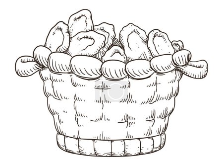 Ilustración de Dibujo de una canasta tradicional con asas, rellena de panes sobre fondo blanco. - Imagen libre de derechos