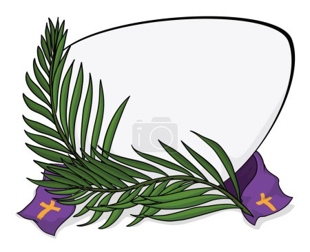 Template design with blank sign, green palm branches and purple stole decorated with crosses for Palm Sunday. Cartoon style design.