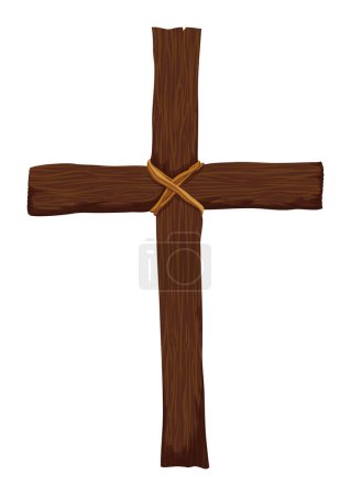 Ilustración de Cruz cristiana con textura de madera, sujeta con cuerdas. Diseño en estilo de dibujos animados sobre fondo blanco. - Imagen libre de derechos