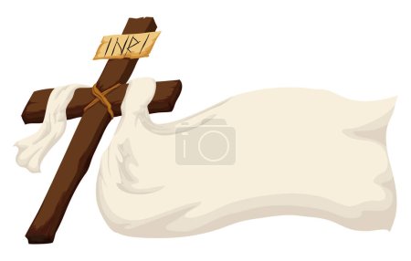 Religiöse Vorlage mit christlichem Holzkreuz und langem weißen Tuch. Design im Cartoon-Stil auf weißem Hintergrund.