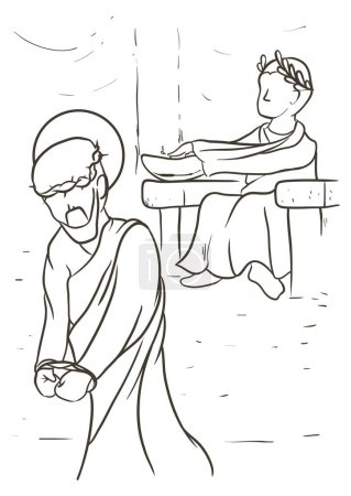 Téléchargez les illustrations : Dessin de la Via Crucis, représentant la première station : Jésus est jugé par Ponce Pilate. - en licence libre de droit