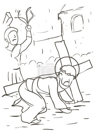 Illustration for Drawing of the Via Crucis, representing the third station: Jesus falls exhausted and a soldier whips him. - Royalty Free Image