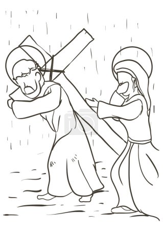 Ilustración de Dibujo del Vía Crucis, que representa la estación cuatro: Jesús se encuentra con su madre y ella lo calma. - Imagen libre de derechos
