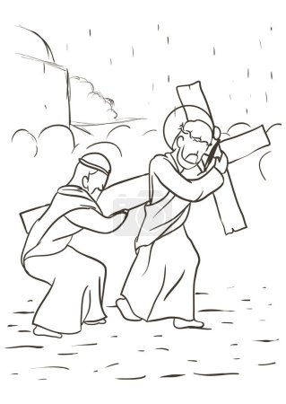 Illustration for Drawing of the Via Crucis, representing station five: Simon of Cyrene help Jesus to carry his heavy cross. - Royalty Free Image