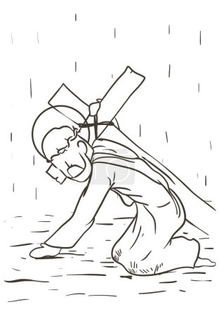 Ilustración de Dibujo del Vía Crucis, que representa la estación siete: Jesús vuelve a caer agotado. - Imagen libre de derechos