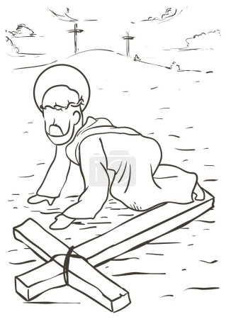 Ilustración de Dibujo del Vía Crucis, que representa la novena estación: Jesús cae agotado por el largo camino al Calvario. - Imagen libre de derechos