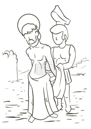 Ilustración de Dibujo del Vía Crucis, que representa la estación diez: Jesús se quita la ropa por orden de su verdugo. - Imagen libre de derechos