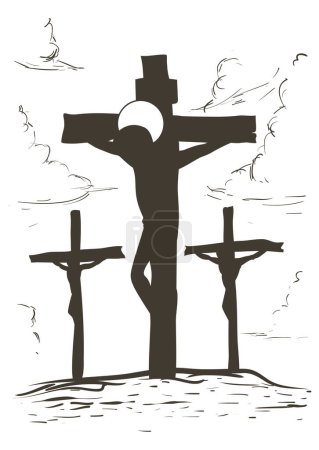 Illustration for Drawing of the Via Crucis, representing station twelve: Jesus dies on the cross between two convicted thieves. - Royalty Free Image