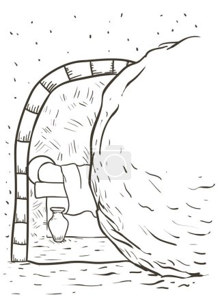 Illustration for Drawing of the Via Crucis, representing the fourteenth station: the dead body of Jesus is sealed in a tomb. - Royalty Free Image