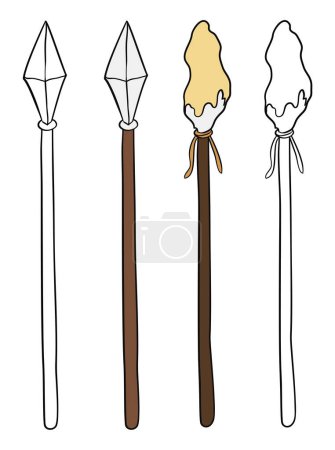 Illustration for Set with religious spear and sponge on stick soaked with vinegar in outlines for coloring and flat colors, used during the crucifixion of Jesus. - Royalty Free Image