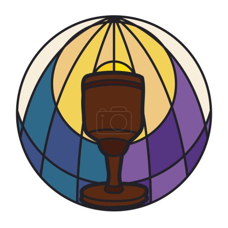 Illustration for Round button with Holy Chalice with stained glass effect. Religious design in flat colors and outlines. - Royalty Free Image