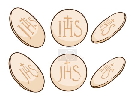 Illustration for Religious communion bread with IHS and JHS monogram in three positions. Cartoon style design on white background. - Royalty Free Image