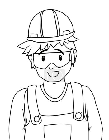 Illustration for Young worker with helmet, safety glasses and bib overalls. Portrait in outlines for coloring. - Royalty Free Image
