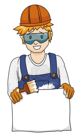 Illustration for Blond painter man with hard hat, safety glasses, gloves and bib overalls, holding a blank sign.  Template design in cartoon style on white background. - Royalty Free Image