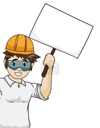 Illustration for Smiling brunette male construction worker with hard hat, safety glasses and white shirt, holding blank banner with wooden flagpole. Template in cartoon style. - Royalty Free Image