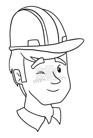 Illustration for Portrait of worker with winking gesture, freckles and hard hat. Design in outlines for coloring. - Royalty Free Image