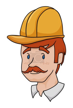 Illustration for Redheaded worker face with mustache, freckles and yellow hard hat in cartoon style on white background. - Royalty Free Image