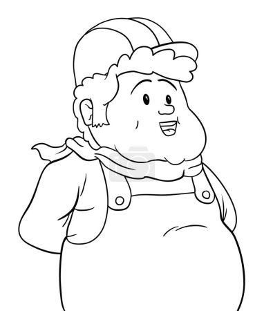 Illustration for Happy chubby workman with hard hat, neckerchief and bib overalls in outlines for coloring. - Royalty Free Image