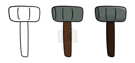 Illustration for Three variations of hammers, one in outlines for coloring, the other in flat colors and the last one in cartoon style. - Royalty Free Image