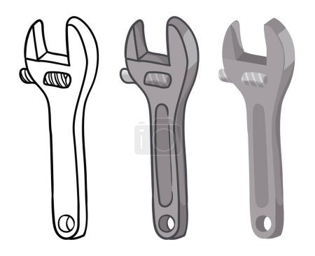 Illustration for Group of adjustable spanner or wrench in three versions: outlines for coloring, flat colors and cartoon style. - Royalty Free Image