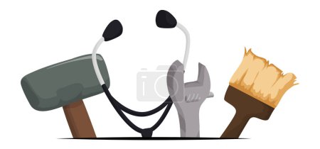 Illustration for Set of tools in cartoon style coming out of a line in the bottom: hammer, stethoscope, adjustable wrench and paintbrush. Cartoon style design. - Royalty Free Image