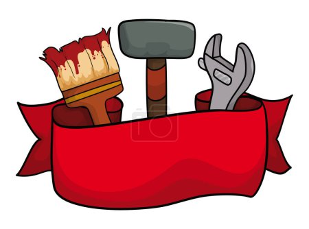 Illustration for Set of tools behind the red ribbon: paintbrush with a little of paint, hammer and adjustable wrench. Template design in cartoon style. - Royalty Free Image